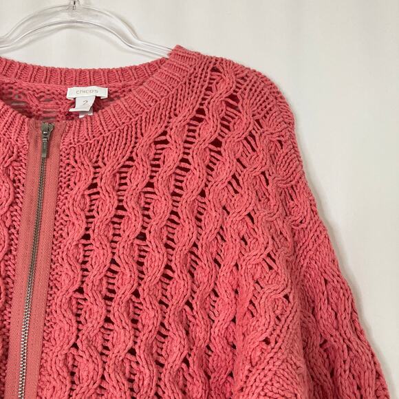 Chico's | Salmon Coral Pink Full Zip 3/4 Chunky Knit Sweater Chico's 2/US Large - Picture 2 of 4
